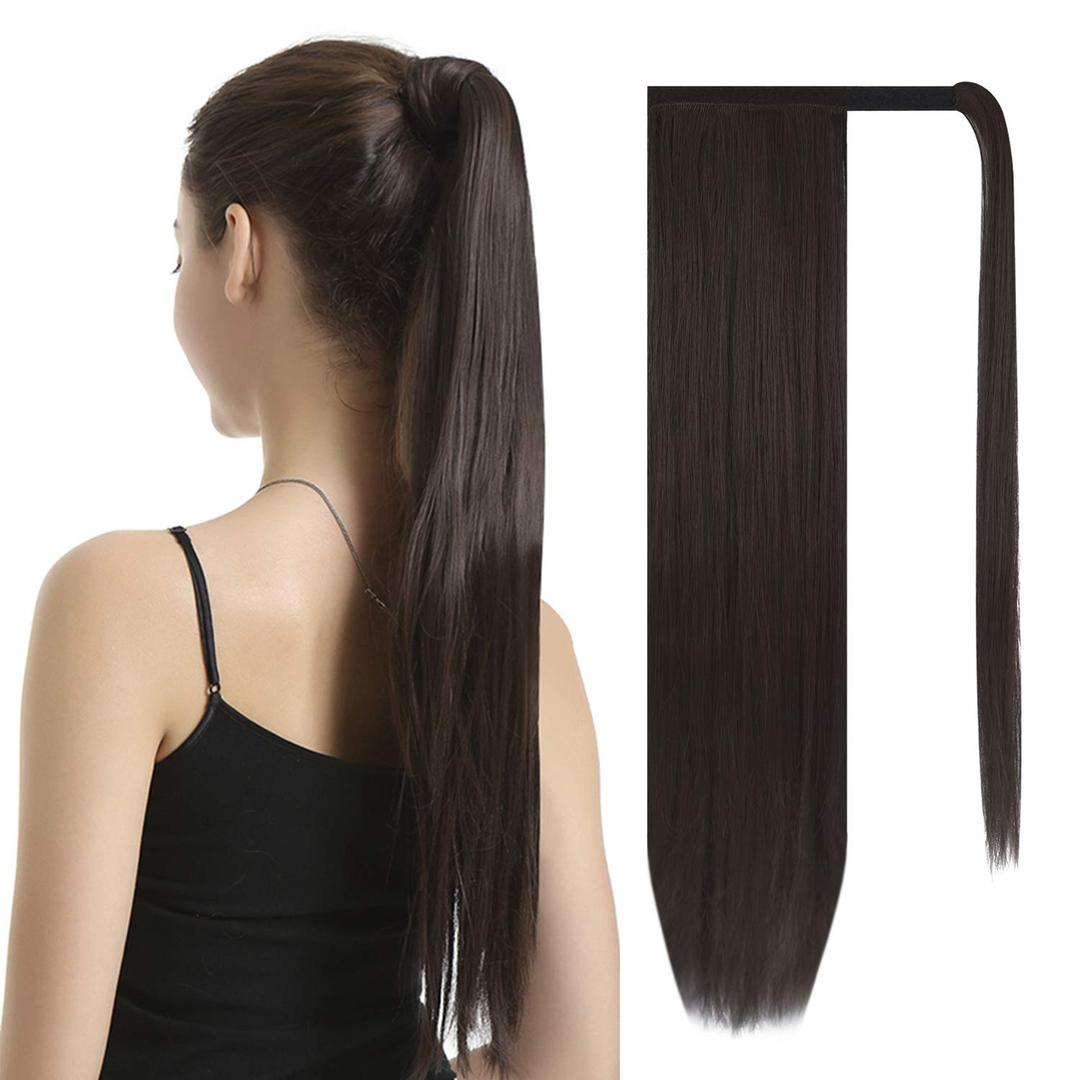 BARSDAR Darkest Brown Straight Wrap Ponytail Extension - 26 Inch Long Straight Wrap Around Ponytails for Women, Clip in Ponytail Hair Extensions Synthetic Brown Pony Tails Hairpieces Daily