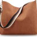 Prite Womens Corduroy Tote Bag with Zipper, Stylish Shoulder Bag with Adjustment Straps for Work, Travel, Daily Use (Brown)