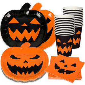 72Pcs Halloween Party Dinnerware Set Orange Black Pumpkin Themed Paper Plates Cups Napkins Halloween Disposable Tableware Party Supplies for Spooky Themed Party Birthday, Serves 24 Guests