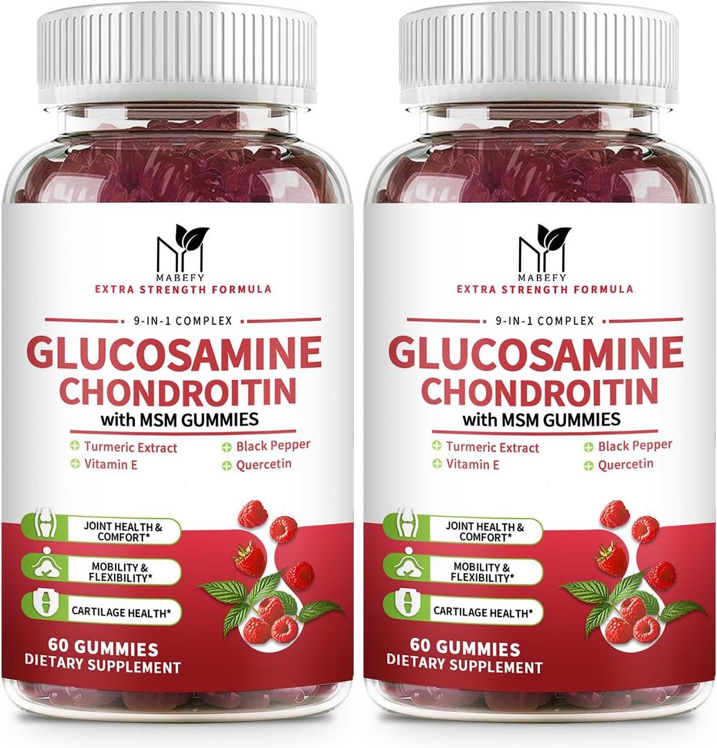 2 Pack Glucosamine Chondroitin Gummies, Glucosamine 1000mg, Chondroitin 750mg with MSM, Turmeric, Quercetin, Vitamin E, Calcium - Joint Health Support Supplement for Men & Women, Raspberry