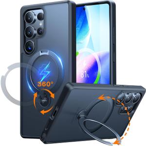 TORRAS 360 Spin Magnetic Stand for Samsung Galaxy S25 Ultra Case, Fit for Magsafe, Military Grade Slim Protective S25 Ultra Case with Kickstand & Ring Holder, Ostand Spin, Translucent Frosted Black (S25 Ultra Case, Black-S25 Ultra)