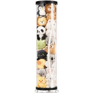 Large Stuffed Animal Storage Tube with Wheels, Tall Toy Organizer with Double Zipper, WhiteClear PET Cylinder Container for Plush Toy Organization, Space Saving Kids Room Storage,Black