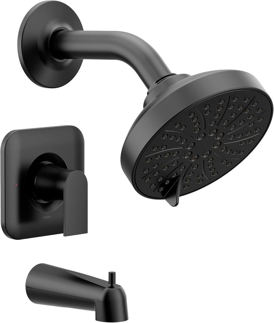 Moen Genta LX Matte Black Pressure Balancing Modern Shower Set with Showerhead Lever Handle, and Tub Spout, Posi-Temp Valve Required, T2473EPBL
