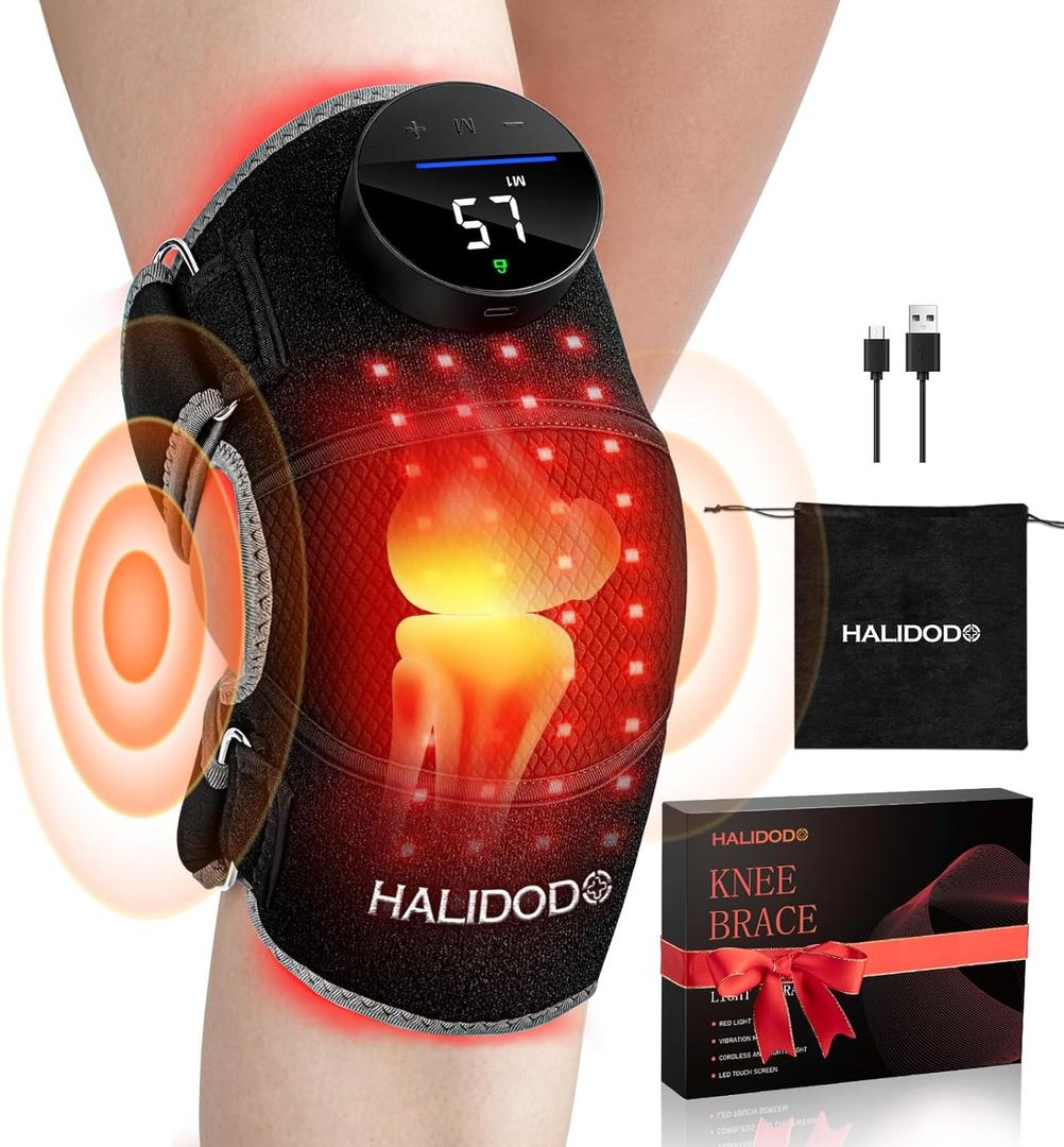 HALIDODO Red Light Therapy & Vibration Massage Knee Brace - Wireless Rechargeable Controller, 660nm&850nm Red Light Therapy Heated Device for Knee/Joint/Elbow/Shoulder Pain Relief, Faster Recovery