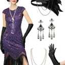 YESSA 1920s Flapper Dresses for Women Great Gatsby Dress Roaring 20s Costumes Sequin Harlem Nights Dress with 20s Accessories (Purple, S)