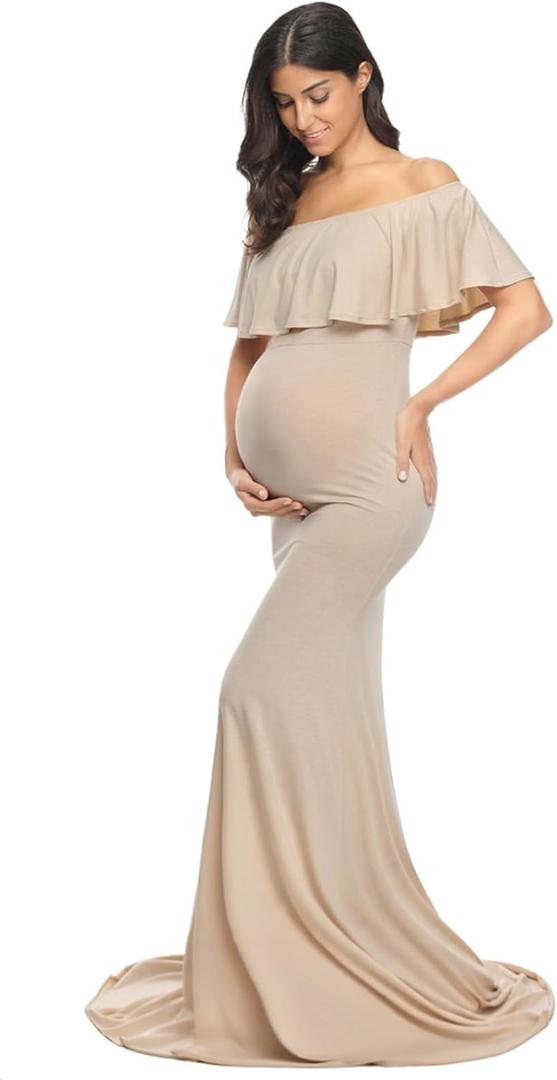 Glampunch Womens Off Shoulder Maternity Dress Ruffles Elegant Slim Gowns Fit Maxi Photography Dress, Small, Beige 