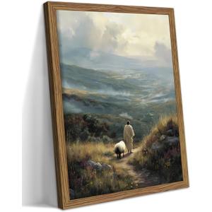 Framed Christian Wall Art Jesus Pictures Canvas Prints, Vintage Jesus Shepherding Gifts of Christian, Religion Wall Decor Painting, Religious Artwork for Bedroom Prayer Room 12x16in