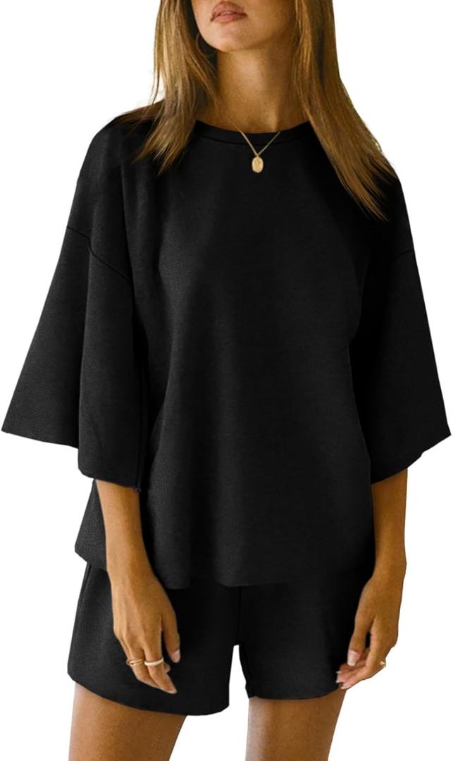 Tankaneo Womens Pajama Sets 3/4 Sleeve Oversized Tops & Loose Fit Shorts Lounge Set with Pockets Loungewear (Black, XXL)