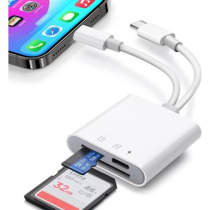 SD Card Reader for iPhone 15 16 17 Android, WZDYFL Memory Card Reader with Charging and Dual Slot for TF/SD, iOS & TypeC Dual-Connector Card Reader for Photography, No App Required Plug and Play