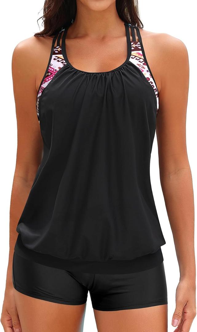 Yonique Two Piece Tankini Bathing Suits T-Back Blouson Swim Tops with Boy Shorts Women Swimsuits Sporty Swimwear (Large, Red)