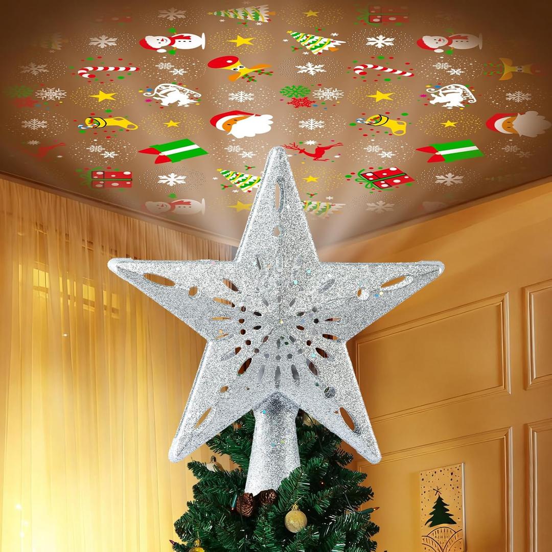 Christmas Tree Topper Lighted with 6 Patterns Projector, Christmas Star Tree Topper Built-in 3D Glitter LED Rotating Lights, Hollowed Christmas Tree Ornament for Xmas Party Holiday Decoration(Silver)