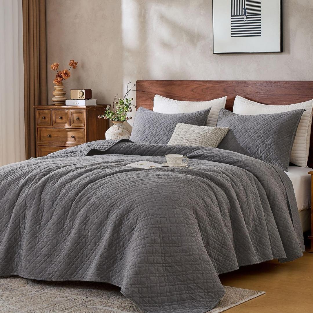 King Quilt Set with Shams Lightweight Quilted Bedspread Coverlet Thin Comforter Bed Cover Vintage Washed Quilted Blanket for All Season, Brushed Microfiber Diamond Stitching, Ash Gray, 104"x92"