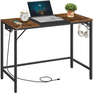HOOBRO Computer Desk, Home Office Desk with Power Outlet, Modern Study Writing Desk with 3 Hooks for Study Room, Home Office, Sturdy and Stable, Easy to Assemble, Rustic Brown and Black BF41UDN01, 39.3"W x 15.7"D x 30.3"H