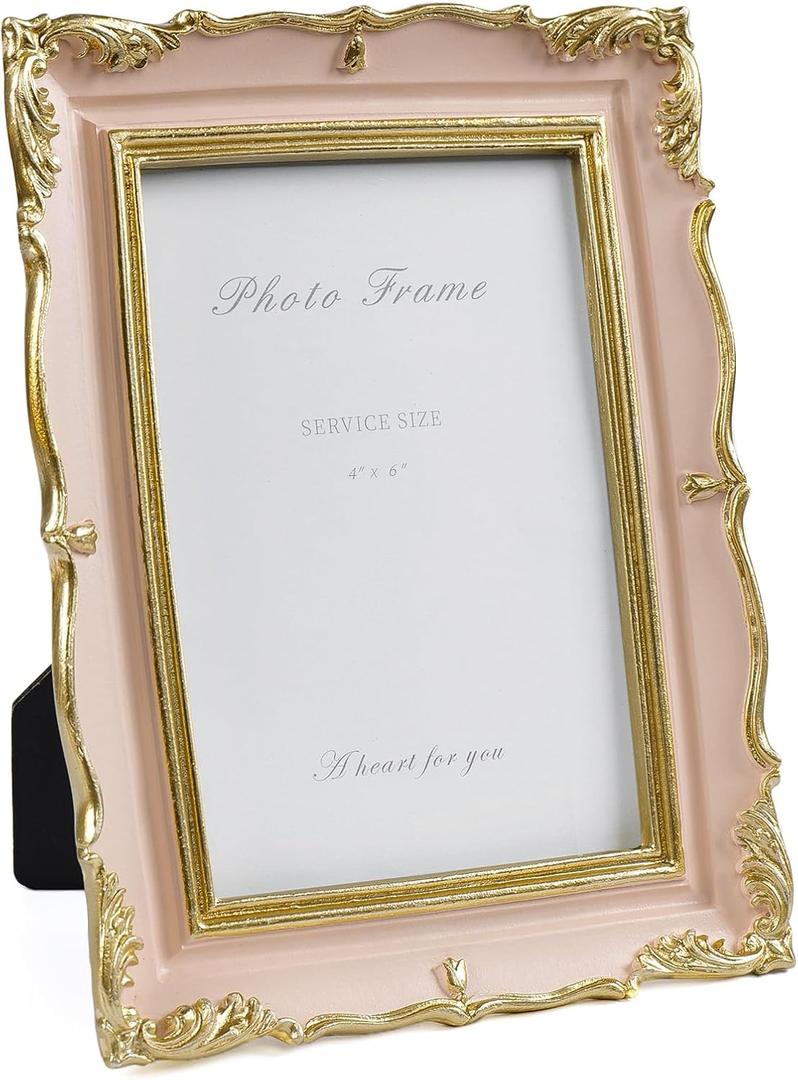 Cuspin 4x6 Vintage Picture Frame Pink and Gold Frame, 4 by 6 Photo Frames Ornate Textured Hand-Crafted Resin with Glass Front for Tabletop Display and Wall Hanging, Retro Design Home Decor