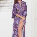 BABEYOND Women's Kimono Robe Long Satin Silky Floral Lightweight Bridesmaid Wedding Bachelorette Party Robe (Purple)