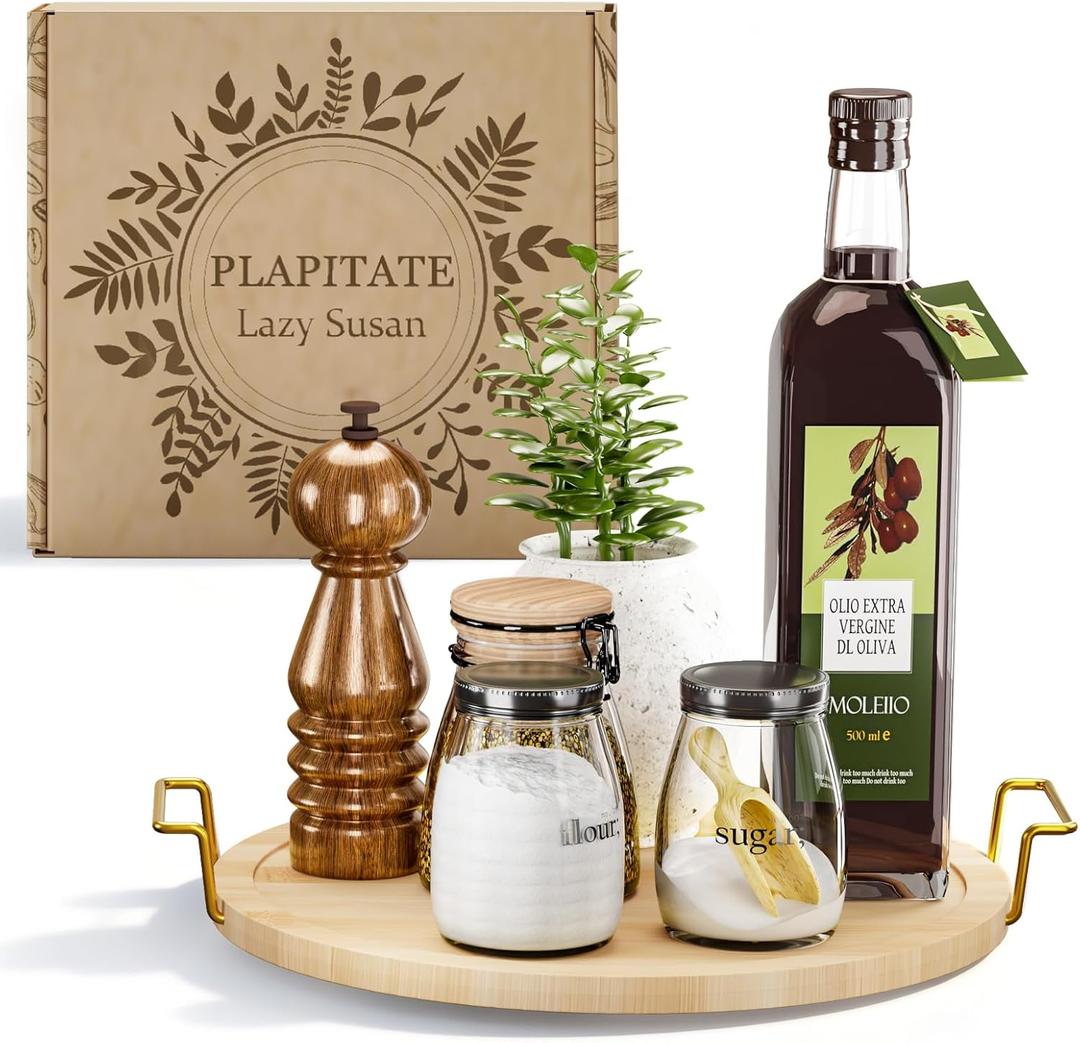 11" Lazy Susan Turntable Organizer for Table Top, Round Bamboo Lazy Susan Turntable for Cabinet with Handle, Home Kitchen, Pantry, Dining, Bathroom Vanity, Spice Organization, Wooden Decor