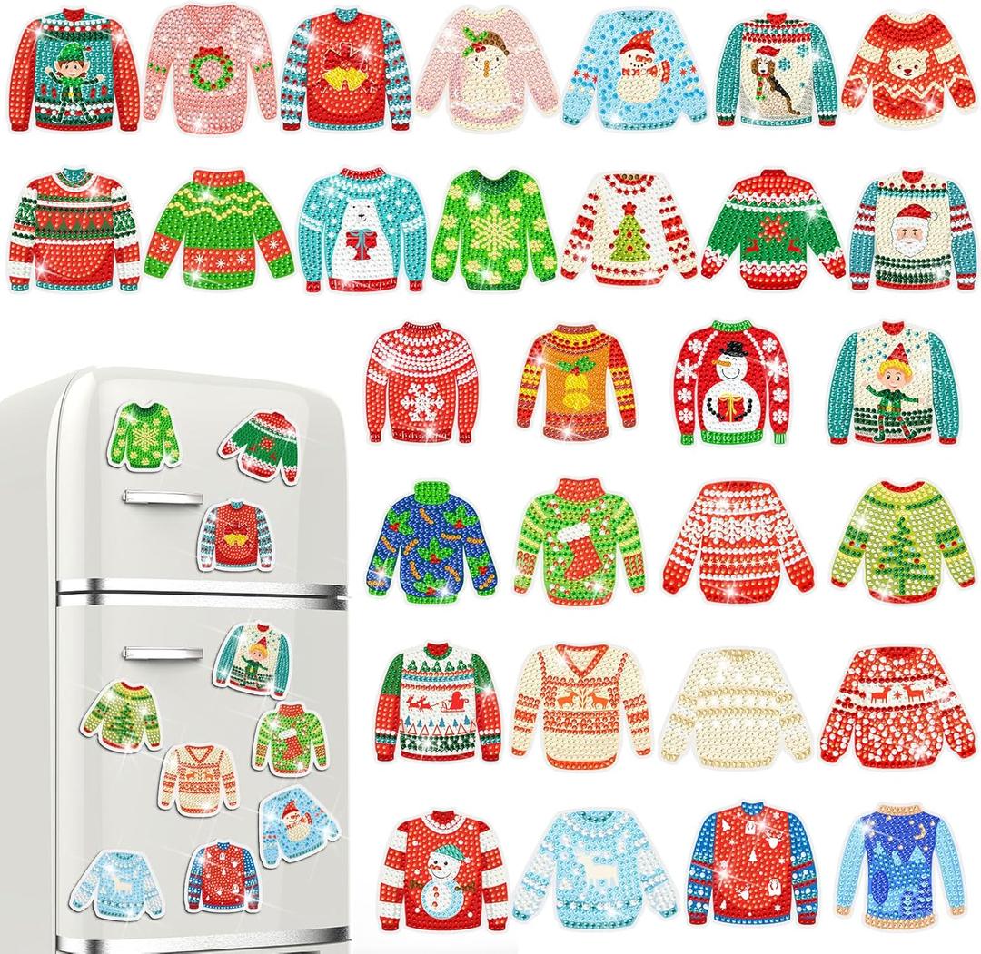 30 Pcs Christmas Magnetic Diamond Art Decor Holiday Ugly Sweater Diamond Magnets Kits Winter Fridge Magnet Refrigerator Sticker DIY Art Craft for Beginners Gifts Home Car Garage Decors