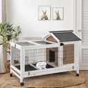 GUTINNEEN Large Mobile Rabbit Hutch Indoor Outdoor with Wheels, Deep Leak-Proof Pull-Out Tray & Wire Mesh, Waterproof Asphalt Roof Small Animal Cage with Openable Roof for Rabbits & Guinea Pigs