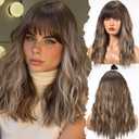 HAIRCUBE Long Wig with Bangs Synthetic Wavy Wigs for Women Mixed Brown Color