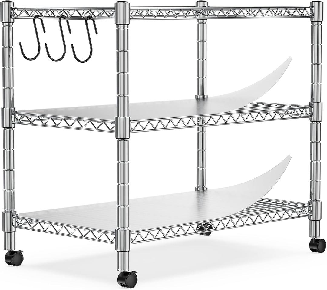 Heavy Duty 3-Shelf Shelving Unit, 24.02" W x 13.78" D x 21.97" H Chrome Steel Storage Rack with Wheels, 2 PP Shelf Liners and Hooks, Adjustable Under Desk Organizer for Kitchen, Office, Garage, 3-Tier, Set