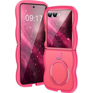 [Magnetic Stand & Wave Frame] Case for Samsung Galaxy Z Flip 7 [Fit for MagSafe] [Military Drop Protective] Not Yellowing Translucent Z Flip 7 Phone Ring Cover for Women Men 6.9" Hot Pink