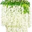 GPARK (36 Branches 12 Pack /45 inch /3.7ft Wisteria Hanging Artificial Flowers Fake Bushy Silk Vine Garland String for Wedding Party Garden Greenery Home Wall Deco Beige+Green+White