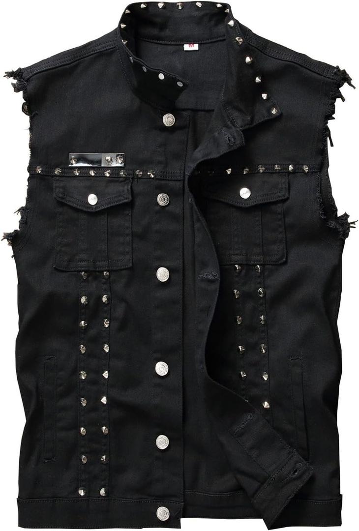 Men's Punk Denim Vest Sleeveless Jean Jackets With Rivets (Large, Black)