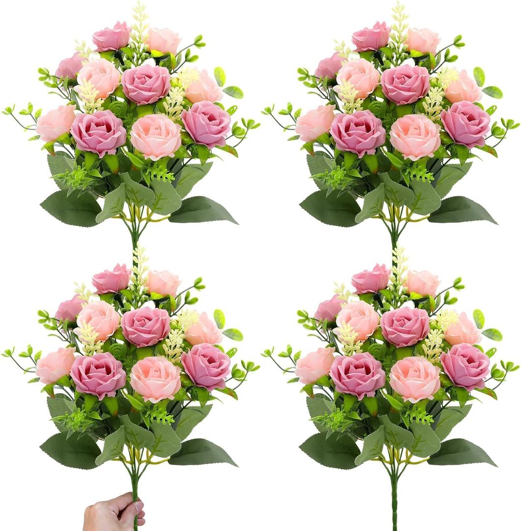 TURNMEON 40 Heads Fake Roses Artificial Flowers for Outdoors Summer Decor, 4 Bouquets UV Resistant Fake Flower Bouquet Faux Silk Roses for Wedding Birthday Party Home Mother's Day Cemetery Decor(Pink)