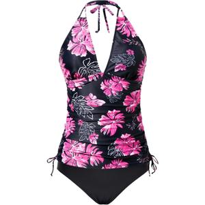 Two Piece Halter Tankini Swimsuits for Women Tummy Control Bathing Suits V Neck Swimwear XL, Pink Floral