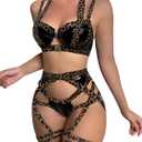 Lilosy Sexy Strappy Underwire Push Up Garter Belt Lingerie Set Harness Cutout Outfits Matching Bra Panty 3 Piece (Large, Pu Black Leopard)