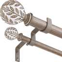 Double Curtain Rod 36-122 Inch, Boho Wood Decorative Long Dual Curtain Rods for Windows, 1" Adjustable Heavy Duty Double Rod, Handmade Imitation Weathered Wood Grain Leaf Finial Design