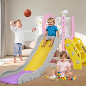 6 in 1 Toddler Playset Toddler Slide and Climber Playset, L-Shaped Kids Slide with Basketball Hoop, Telescope & Storage, Sturdy Indoor Outdoor Playground, for Boys Girls 1-3+
