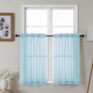 Gwine Sky Blue Sheer Kitchen Curtains 36 Inch Length, Light Filtering Voile Soft Airy Small Cafe Curtains, Short Window Curtain for Bathroom Basement, 42x36 inch, 2PCS