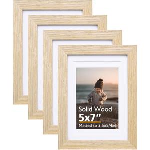 KINLINK 5x7 Picture Frame Natural, Solid Wood Frames with Acrylic Plexiglass for Pictures 3.5x5/4x6 with Mat or 5x7 without Mat, Tabletop and Wall Display Photo Frame, Set of 4