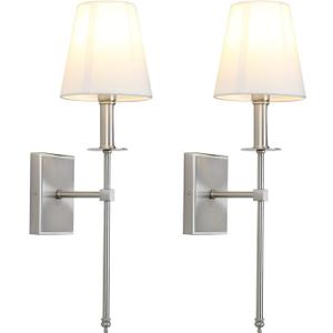 PERMO Set of 2 Classic Rustic Industrial Wall Sconce Lighting Fixture with Flared White Textile Lamp Shade and Brushed Tapered Column Stand, Hardwired, E26 Base