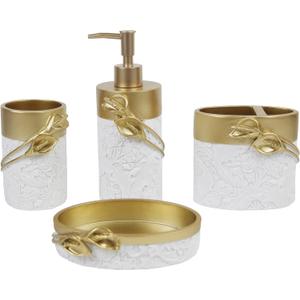 Hymmah Bathroom Accessories Set,Golden Design Toothbrush Holder,Farmhouse Bathroom Decor,4 Pcs Resin Gift Set Apartment Necessities, Contain Toothbrush Cup,Soap Dispenser,Soap Dish,Tumbler