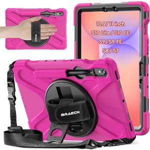 BRAECNstock Tablet Case for Samsung Galaxy Tab S10 Lite/S10 FE/S9 FE 5G 10.9" & S9/S8/S7 11", Heavy Duty Shockproof Cover with Pen Holder, 360 Rotating Hand Strap & Kickstand, Shoulder Strap, RoseRed