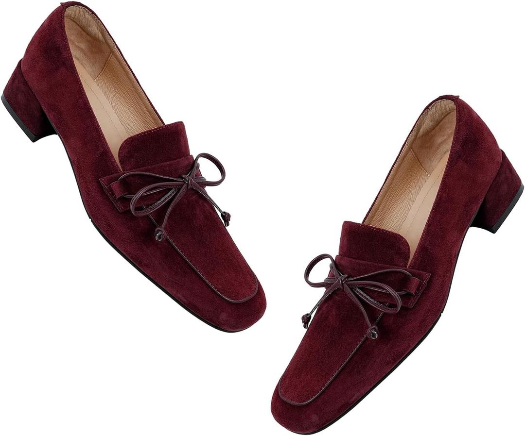 MOOMMO Women Chunky Low Heel Loafers Bow Suede Slip On Closed Square Toe Loafer Shoes Oxfords Comfy 1 Inch Block Heels Dress Shoes Pumps Office Work Pumps Vintage Retro Comfy 4-11 M US (9.5, Wine Red)