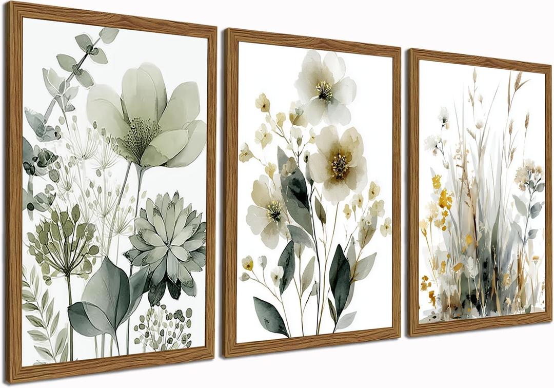 Wood Framed Sage Green Botanical Wall Art Set of 3, Boho Floral Canvas Wall Decor Paintings, Minimalist Flower Posters Prints for Bedroom Bathroom Living Room Stockholm Room Decor Home 12x16 Inch