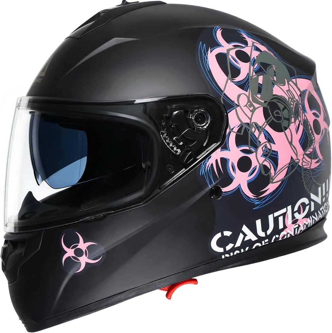 TRIANGLE Full Face Motorcycle Helmet Dual Visor Helmets for Adult Men and Women with Smoked Sunshield DOT Approved (Large, Pink)