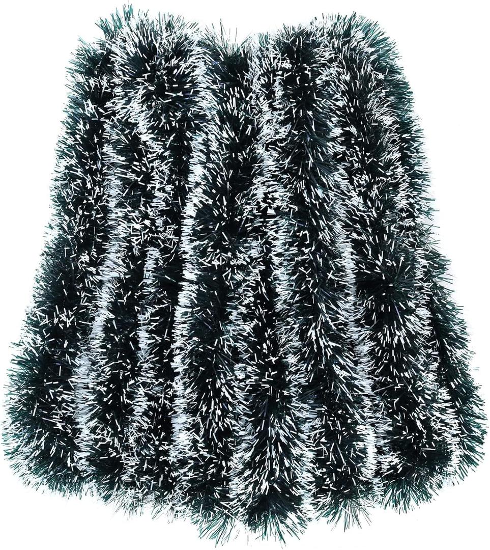 32.8 Ft Christmas Tinsel Garland, Dark Green Garland-Thick White Snow Metallic Garland for Christmas Tree, Wedding Birthday Xmas Disco Holiday Party