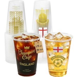 18 oz Champion Cup Salute To England, 1966 World Soccer Champion, 24-Count Disposable Plastic Party Cups, National Flag Themed for Fan Event Decorations Game-Day Festival, COME ON ENGLAND