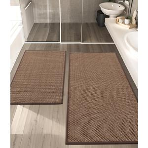YIHOUSE Bathroom Rugs Sets 2 Pieces, Coffee Ultra Thin Bath Mats Fit Under Door, Absorbent Quickly Dry Rubber Backing Braided Bath Mat Set, Non Slip Washable Bath Rugs Mat for Bathroom Floor, Coffee