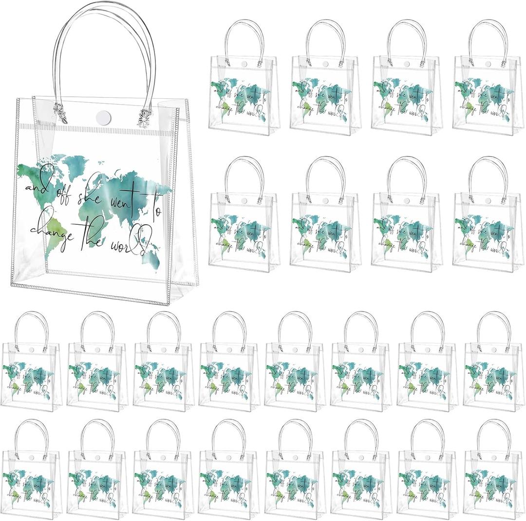 Teenyyou 24 Pcs World Map Party Favor Bags Adventure PVC Gift Bags with Handles Blue Plastic Candy Treat Tote Gift for Birthday Party Supplies(World Map)