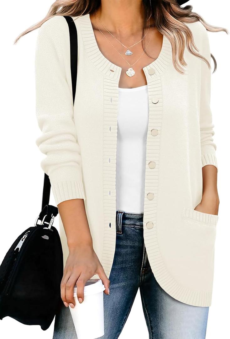 Saodimallsu Womens Button Down Cardigan Sweaters Long Sleeve Crew Neck Knit Casual Loose Sweater Coat with Pockets (Large, White)