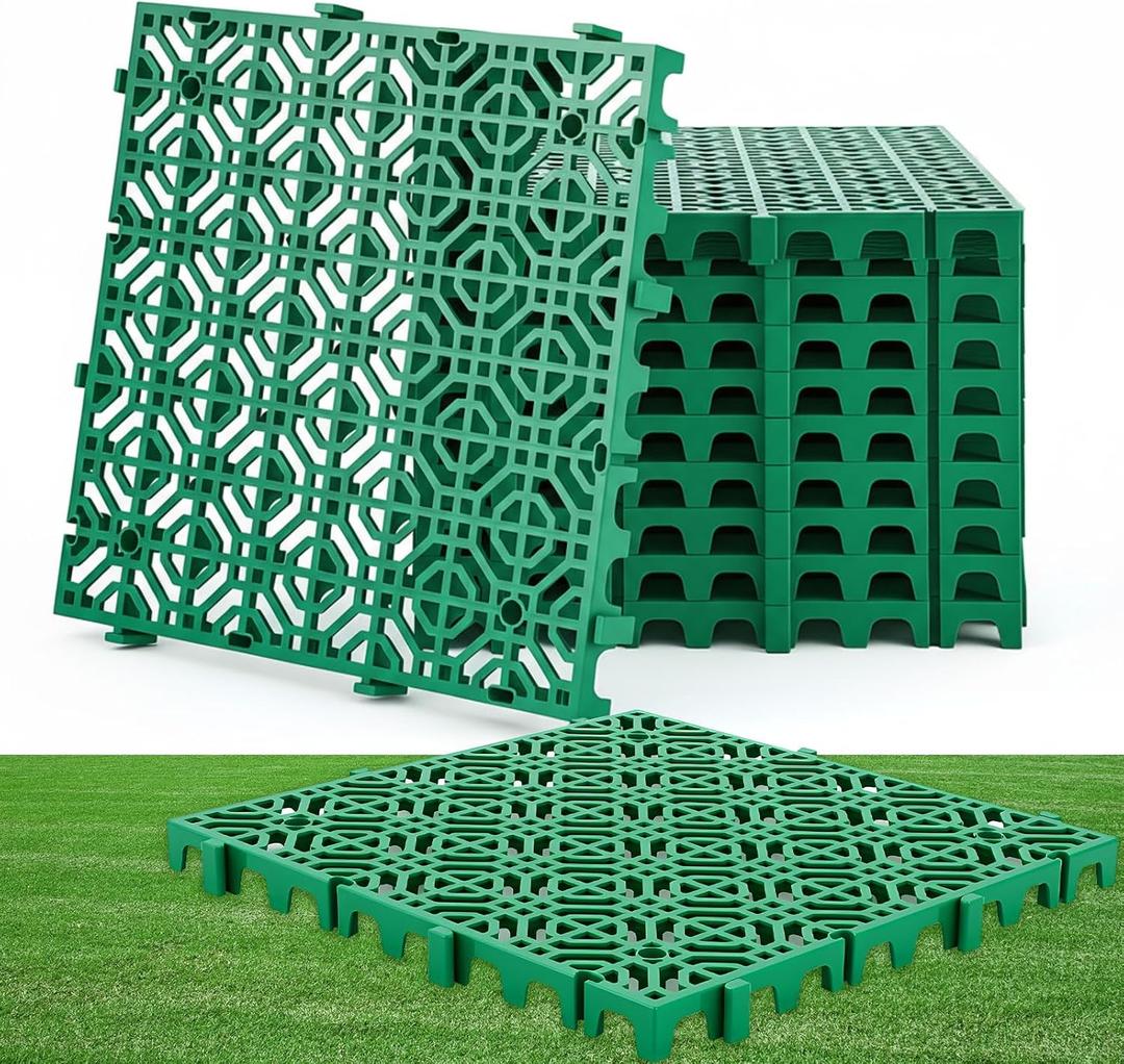 10 Pcs Ground Protection Mats, Green Interlocking 15.7 x 15.7 in
Heavy Duty for Driveway Parking, Permeable Drain Panels for Grass Stone, Non-slip Outdoor Flooring Tiles, 6613 lb