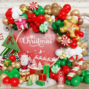 Christmas Balloon Arch Kit,143 Red Green Gold Xmas Balloon Garland with Candy Canes,Gift Box,Gingerbread Man,Santa Claus Foil Balloons for Christmas New Year Winter Holiday Home Party Decorations