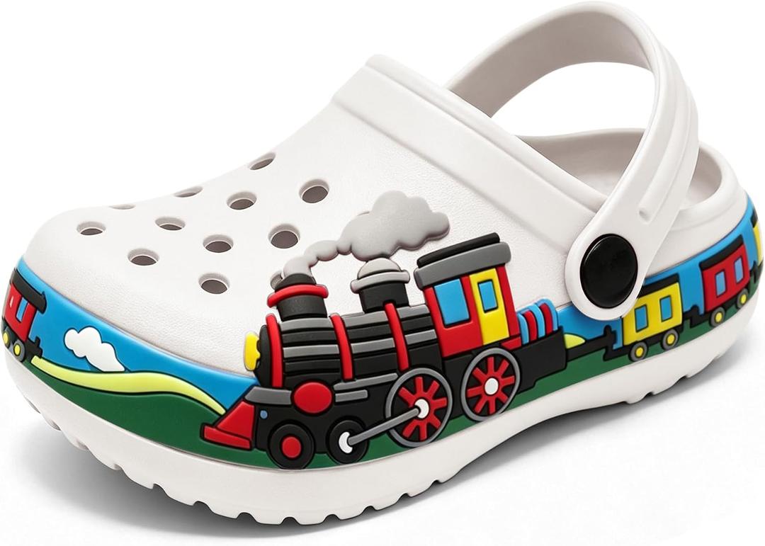 FolHaoth Toddlers Clogs Cute Cartoon Train Shoes Boys Girls Slip on Slides Sandals Slippers Lightweight Breathable Kids Garden Clogs Non Slip Indoor Outdoor Beach Pool Shower Water Shoes, Size 29