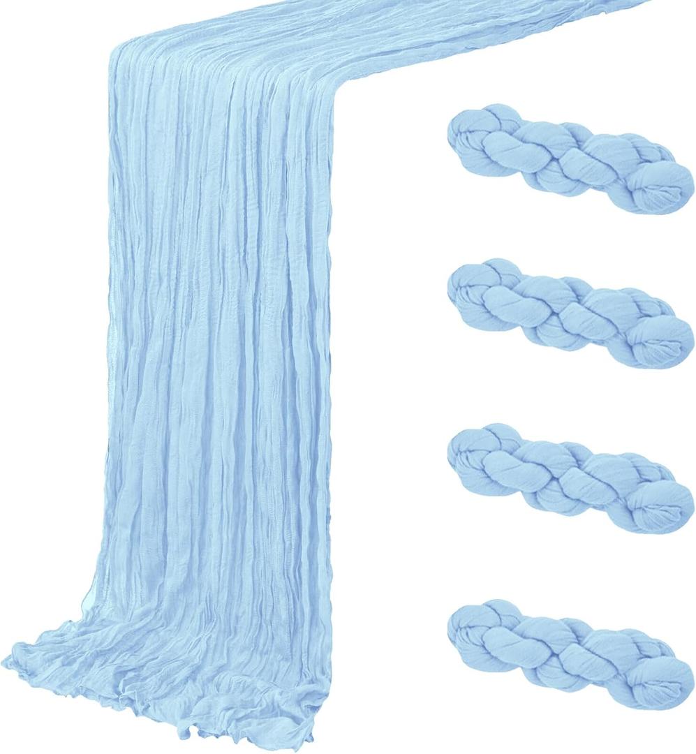 4 Pack Baby Blue Cheesecloth Table Runner 20 x 120 inch Gauze Table Runners 10 FT Long,Semi Sheer Cheese Cloth Fabric Table Runner Bulk for Wedding,Party,Baby Shower,Bridal Shower Decoration