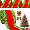 Whaline Christmas Wired Edge Ribbon Red Green Dots Stripe Glitter Fabric Craft Ribbon for Xmas Tree Bow Wreath Gift Wrap Holiday Party Home Decor, 4 Inch, 15 Yards
